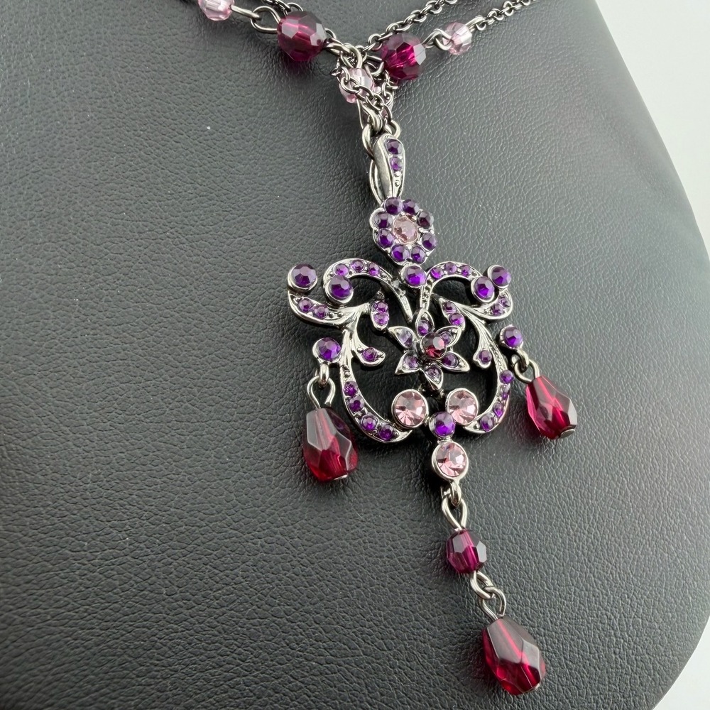Purple Rhinestone Chandelier Pendant Necklace Gunmetal Magenta & Pink Beads